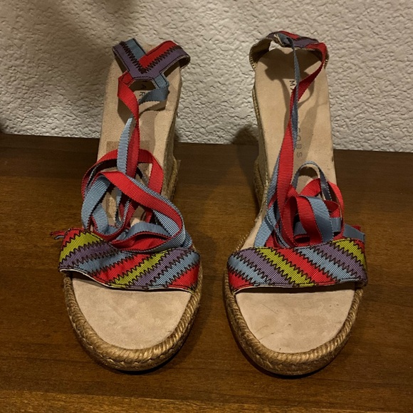 MARC JACOBS MULTICOLOR TAFFITA TIE GROSGRAIN ESPADRILLE WEDGE SANDALS - Picture 3 of 6